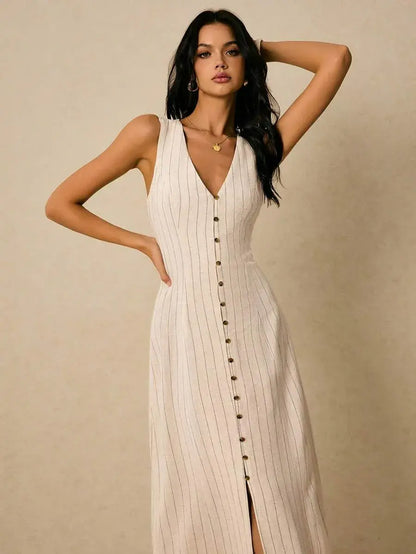 Alicia - Vestido Midi de Rayas con Escote en V