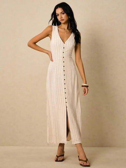 Alicia - Vestido Midi de Rayas con Escote en V