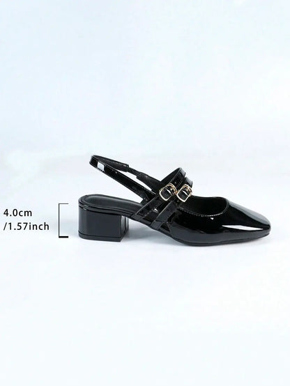 Carlota - Slingback de Charol con Doble Tira y Tacón Bloque