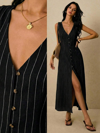 Alicia - Vestido Midi de Rayas con Escote en V