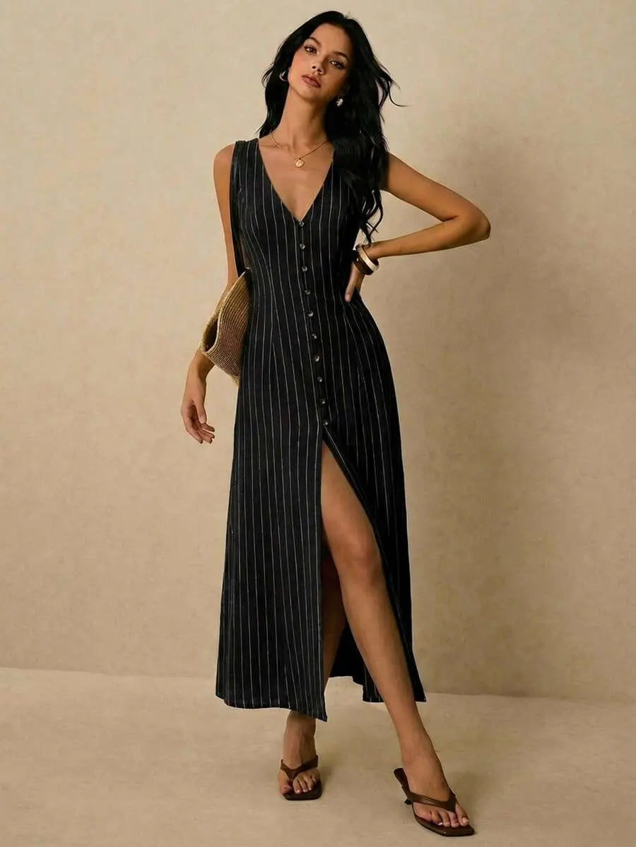 Alicia - Vestido Midi de Rayas con Escote en V