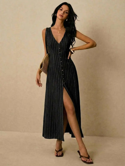 Alicia - Vestido Midi de Rayas con Escote en V