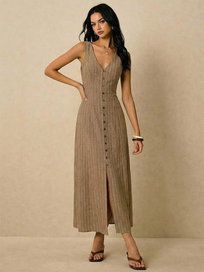 Alicia - Vestido Midi de Rayas con Escote en V