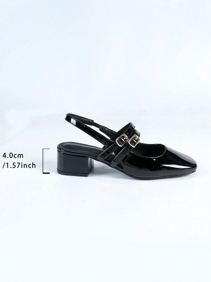 Carlota - Slingback de Charol con Doble Tira y Tacón Bloque
