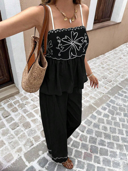 Alba - Conjunto Boho Bordado con Tirantes Finos