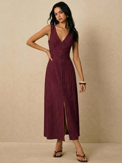 Alicia - Vestido Midi de Rayas con Escote en V