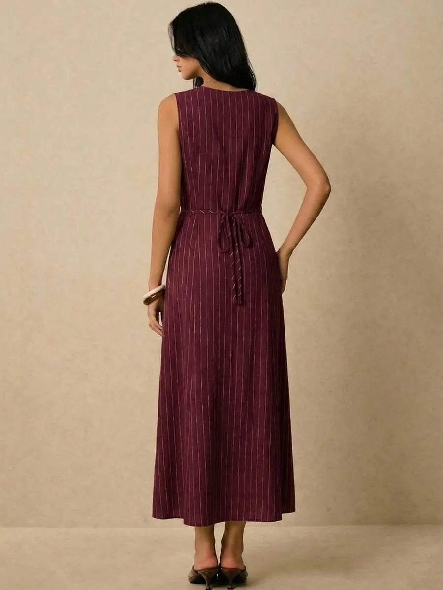 Alicia - Vestido Midi de Rayas con Escote en V